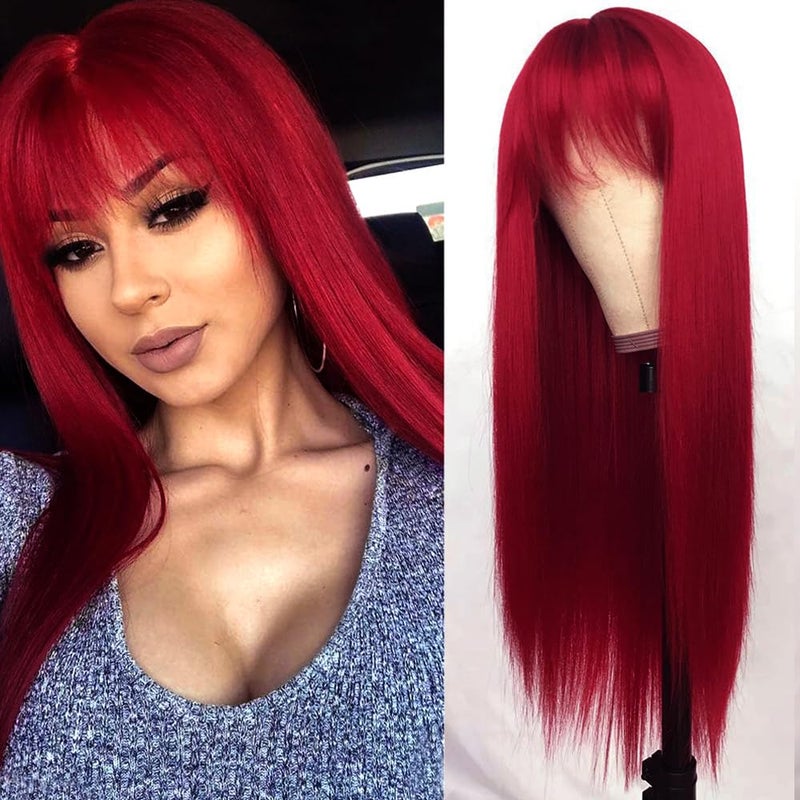 QDTizer Red Long Silky Straight Wigs with Bangs Heat Resistant Synthetic No Lace Wig for Fashion Women Natural Looking Hair Replacement Wig for Party Cosplay