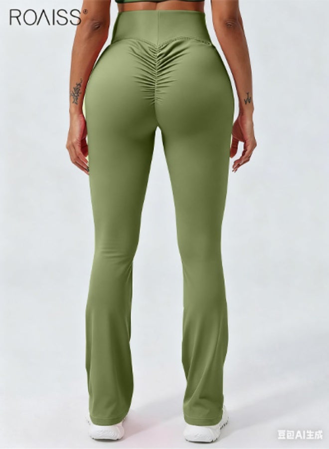 رويس بنطلون يوغا نسائي عالي الخصر من قماش مطاطي، عالي الخصر مع حزام خصر مطاطي، سيقان أنيقة واسعة باللون الأخضر الزيتوني لممارسة اليوغا واللياقة البدنية والارتداء اليومي غير الرسمي - Image 4