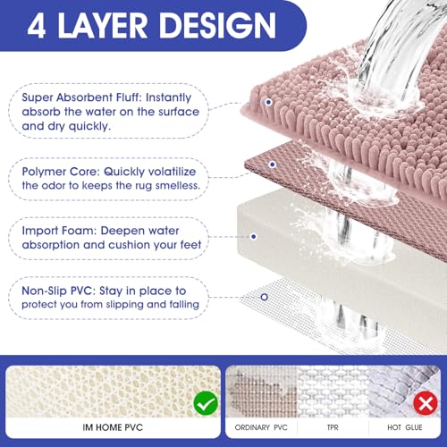 ACCUMTEK Striped Dusty Pink Bathroom Rug Set 3 Pieces Ultra Soft, Non Slip Chenille Bath Carpet, Absorbent Plush Shaggy Bath Mats for Bathroom, Toilet, Bedroom, Kitchen - Image 3