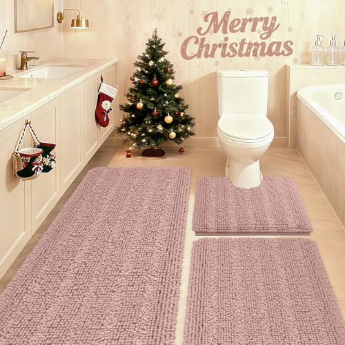 ACCUMTEK Striped Dusty Pink Bathroom Rug Set 3 Pieces Ultra Soft, Non Slip Chenille Bath Carpet, Absorbent Plush Shaggy Bath Mats for Bathroom, Toilet, Bedroom, Kitchen - Image 1