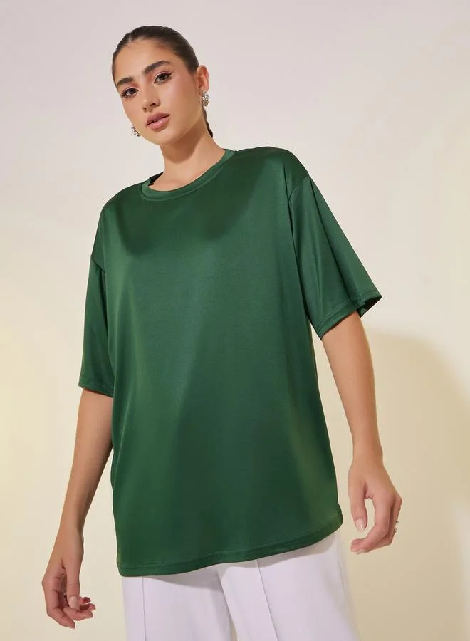 تايك تو تيشيرت نسائي أخضر بطبعة شعار وأكمام قصيرة بقصة واسعة