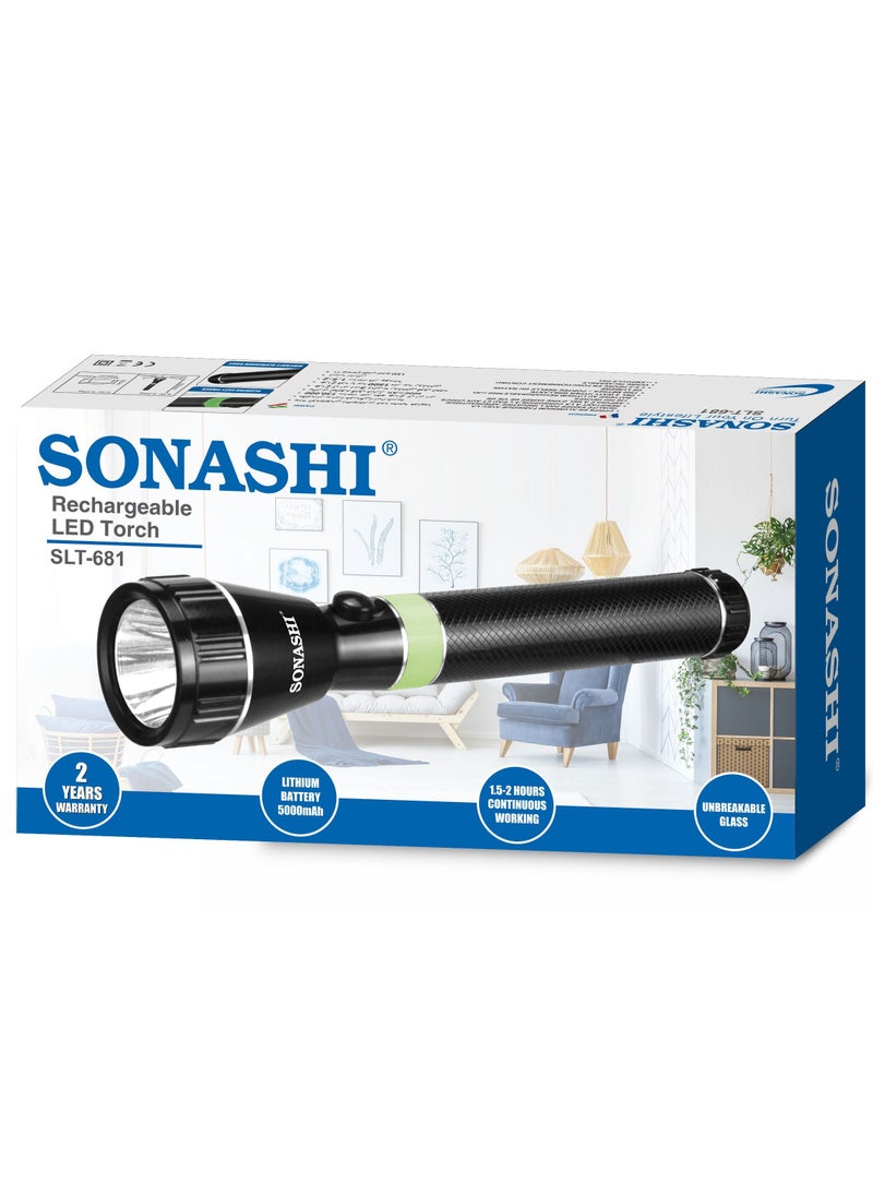 Rechargeable LED Torch with 2 Hours Continuous Working  5000mAh Battery with Hyper Bright LED Light  Featured with Water Resistant Body and Unbreakable Glass SLT-681