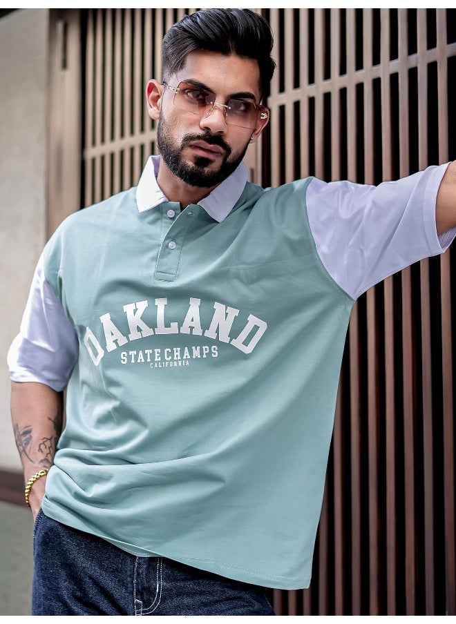 Maniac - Maniac Men Printed Polo Neck Half Sleeve BerlyGreen Cotton Oversized T-Shirt - Image 1