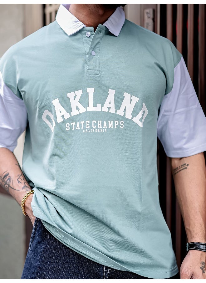 Maniac - Maniac Men Printed Polo Neck Half Sleeve BerlyGreen Cotton Oversized T-Shirt - Image 1