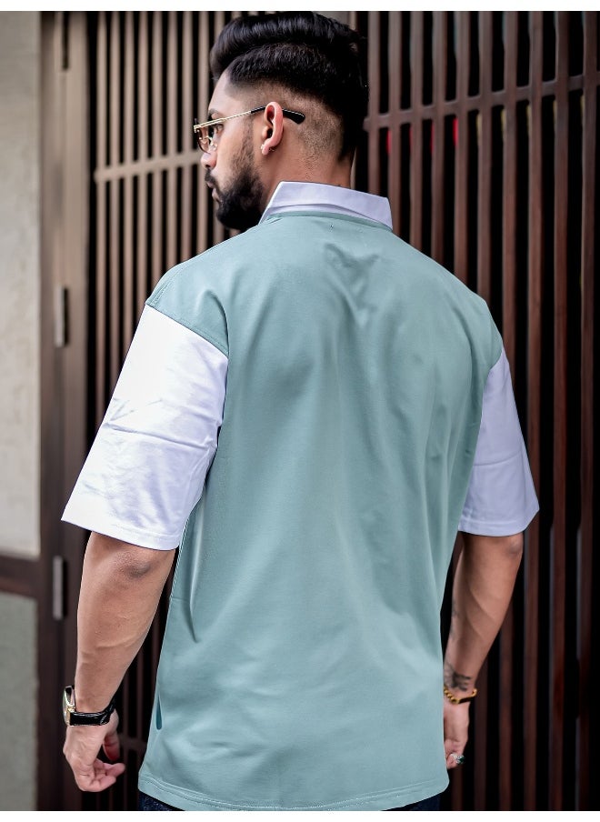 Maniac - Maniac Men Printed Polo Neck Half Sleeve BerlyGreen Cotton Oversized T-Shirt - Image 1