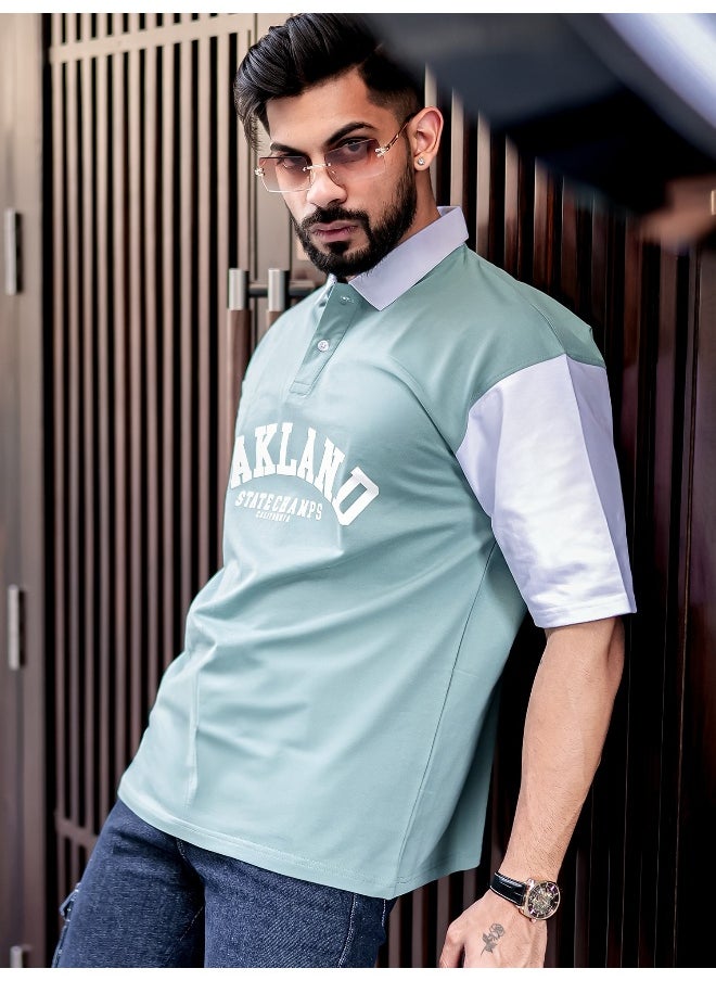 Maniac - Maniac Men Printed Polo Neck Half Sleeve BerlyGreen Cotton Oversized T-Shirt - Image 1