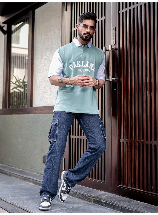 Maniac Maniac Men Printed Polo Neck Half Sleeve BerlyGreen Cotton Oversized T-Shirt