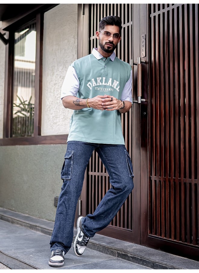 Maniac - Maniac Men Printed Polo Neck Half Sleeve BerlyGreen Cotton Oversized T-Shirt - Image 1