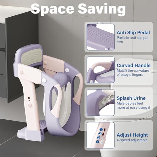 WAAYAA 3 in 1 Potty Training Seat for Toddlers Adjustable Toilet Trainer with Anti-Slip Steps and Splash Guard Converts to Step Stool & Child Toilet Chair Foldable Design for Boys & Girls(Purple) - Image 3