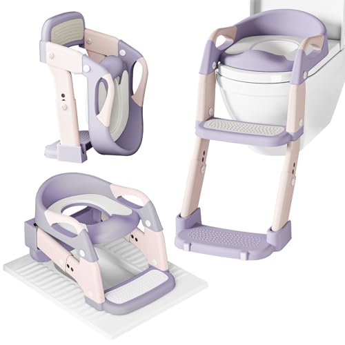WAAYAA 3 in 1 Potty Training Seat for Toddlers Adjustable Toilet Trainer with Anti-Slip Steps and Splash Guard Converts to Step Stool & Child Toilet Chair Foldable Design for Boys & Girls(Purple) - Image 1