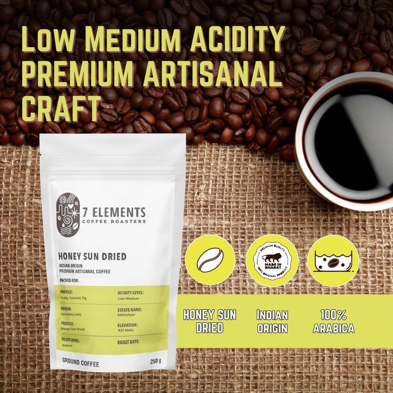 7 Elements Coffee Roasters Honey Sun Dried Ground Coffee - 250 g (Pack of 1) | Medium Roast (Espresso, Moka Pot Grind) | 100% Arabica Freshly Roasted Coffee Grounds | AA Grade | Rich Flavorful Coffee - Image 2