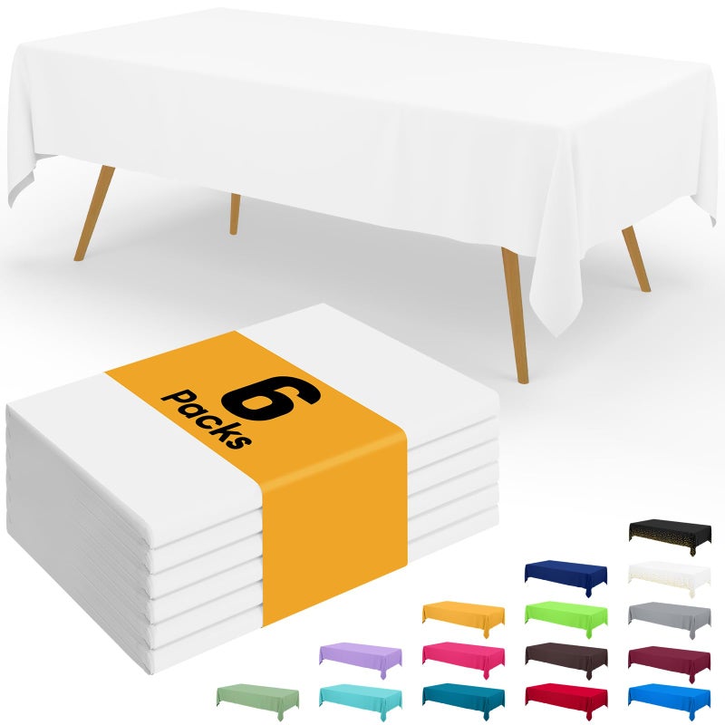 Smiry Disposable Table Cloth - 6 Pack, 54 x 108 Inch Waterproof Rectangle Tablecloths for Parties, Decorative Plastic Table Cover, Leakproof & Sturdy, White - Image 1