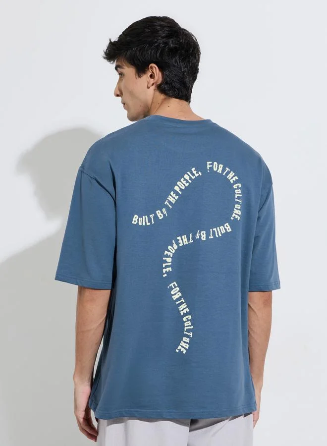 Styli  Oversized Chest & Back Screen Print Cotton Terry Crew Neck T-shirt for Men | Best Price UAE