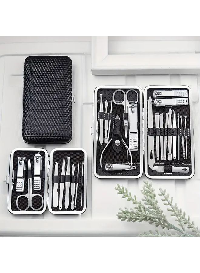 19 Pcs Silvery Stainless Steel Manicure Set Nail Clipper Ear Spoon Personal Care Travel Kit - Image 1
