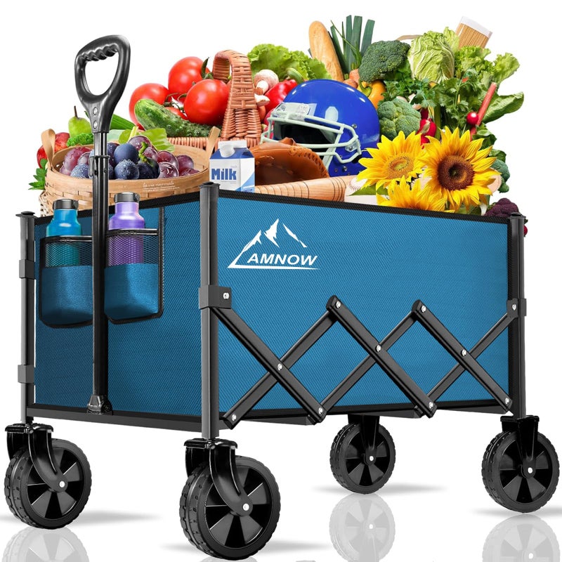 AMNOW Collapsible Folding Wagon Cart, 350LBS Utility Large Capacity Cart Foldable Wagon with All Terrain Wheels, Grocery Wagons Carts for Garden Shopping Sports Camping, Blue - Image 1