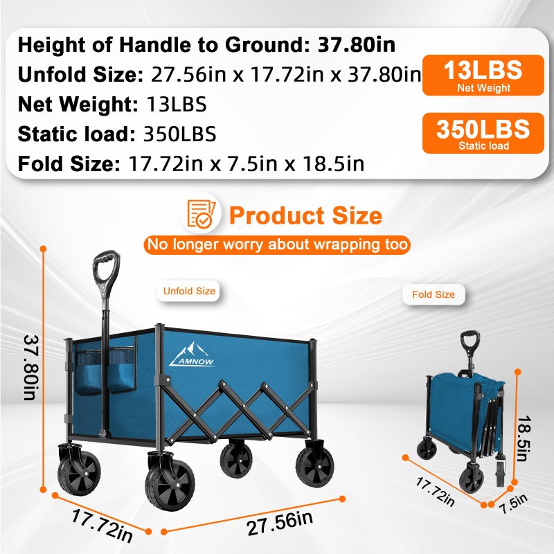 AMNOW Collapsible Folding Wagon Cart, 350LBS Utility Large Capacity Cart Foldable Wagon with All Terrain Wheels, Grocery Wagons Carts for Garden Shopping Sports Camping, Blue - Image 2