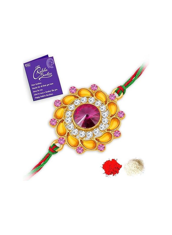 سوكهي Sukhi Rakhi مصمم زهور كوندان أنيق مطلي بالذهب راخي فاخر للأخ مع رولي شوال وبطاقة تهنئة راخي لبهايا راخي للرجال كوندان راخي - Image 1