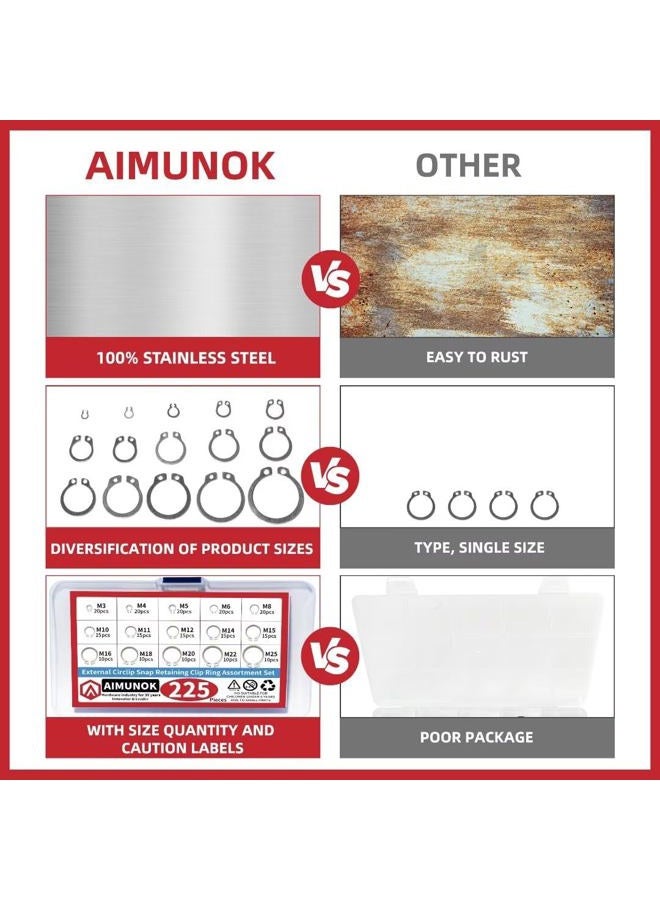 AIMUNOK 225Pcs External Retaining Rings Snap Rings Assortment Kit, 304 Stainless Steel External C-Clip Set, 15 Sizes Circlip Snap Rings M3 - M25 - Image 4