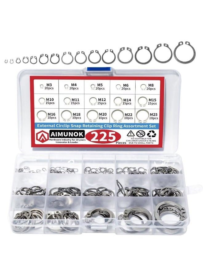 AIMUNOK 225Pcs External Retaining Rings Snap Rings Assortment Kit, 304 Stainless Steel External C-Clip Set, 15 Sizes Circlip Snap Rings M3 - M25 - Image 1