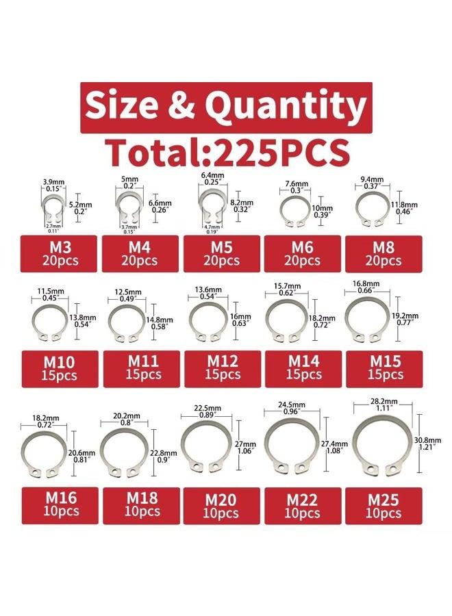 AIMUNOK 225Pcs External Retaining Rings Snap Rings Assortment Kit, 304 Stainless Steel External C-Clip Set, 15 Sizes Circlip Snap Rings M3 - M25 - Image 2