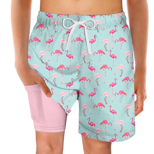 swimsobo Boys Swim Trunks for Size 14-16 Kids Compression Liner Swimming Hawaii Pink Flamingo Bathing Suit Beach Swim Shorts - Image 1