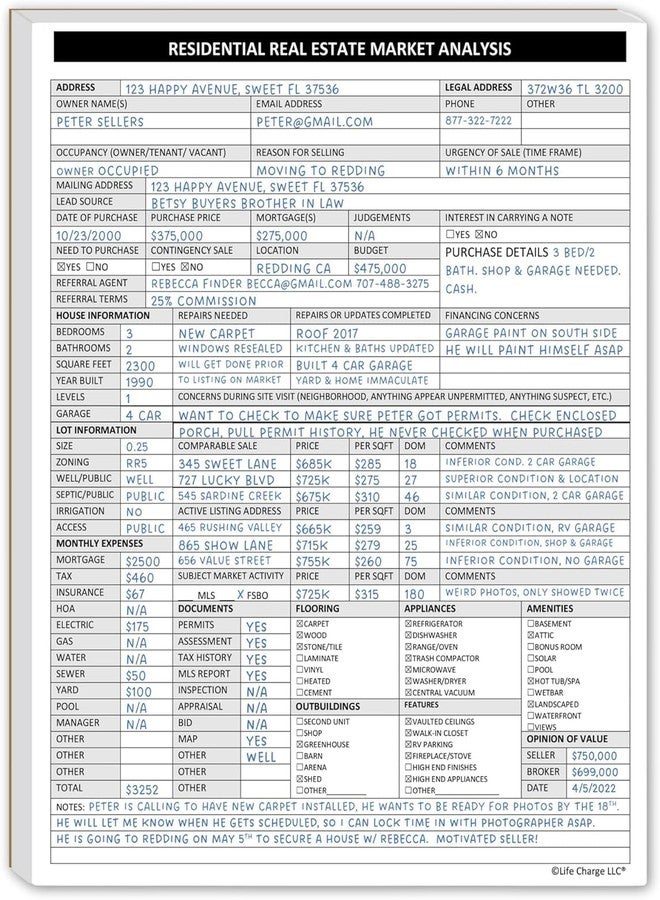 Life Charge Real Estate Agent Supplies - Real Estate Market Analysis Notepad for Listing Realtor Folders. A Checklist Form to Help Determine Residential Market Value. 50 Sheet Pad 8.5X11. Made in the USA. . - Image 1