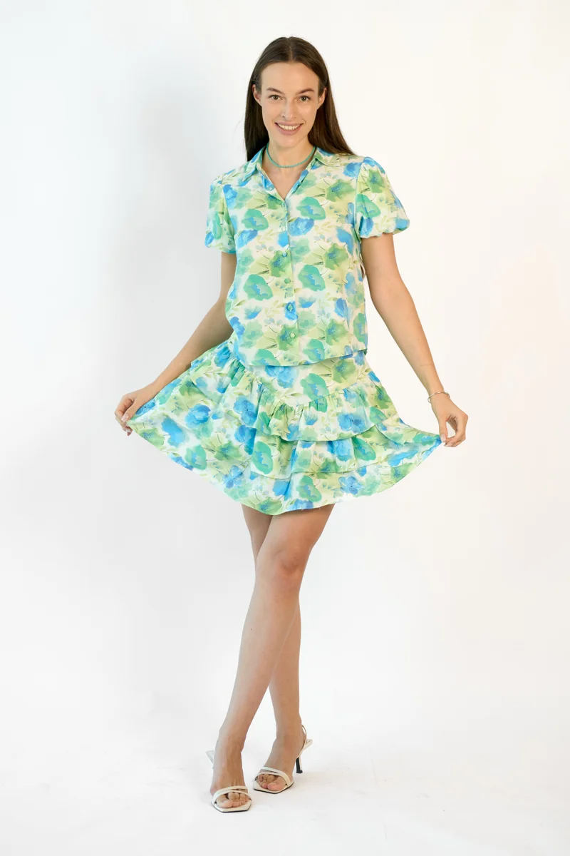 فيرجيو 100% Viscose Floral Puff Sleeve Shirt