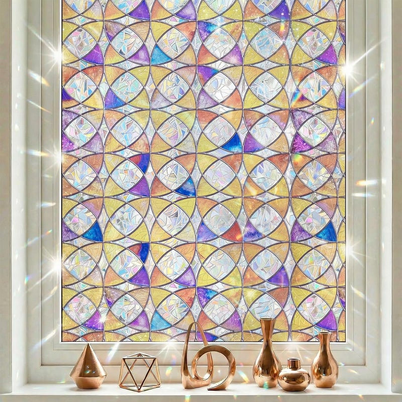 ADD.HERES Window Privacy Film Home Room Bathroom Spring Decor Car Decorations, Stained Glass Window Film, Static Cling Window Film, Window Tint，Rainbow Window Film (Aureate Mosaic, 17.3" x 78.7") - Image 1