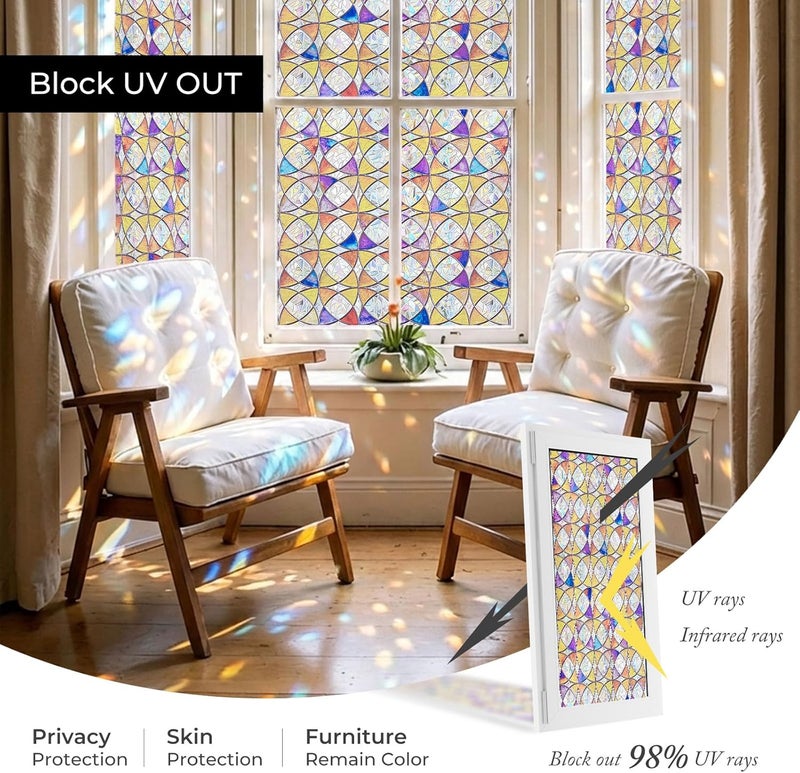 ADD.HERES Window Privacy Film Home Room Bathroom Spring Decor Car Decorations, Stained Glass Window Film, Static Cling Window Film, Window Tint，Rainbow Window Film (Aureate Mosaic, 17.3" x 78.7") - Image 4