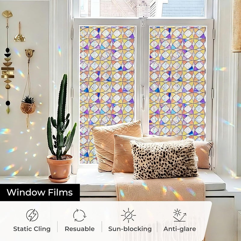 ADD.HERES Window Privacy Film Home Room Bathroom Spring Decor Car Decorations, Stained Glass Window Film, Static Cling Window Film, Window Tint，Rainbow Window Film (Aureate Mosaic, 17.3" x 78.7") - Image 3
