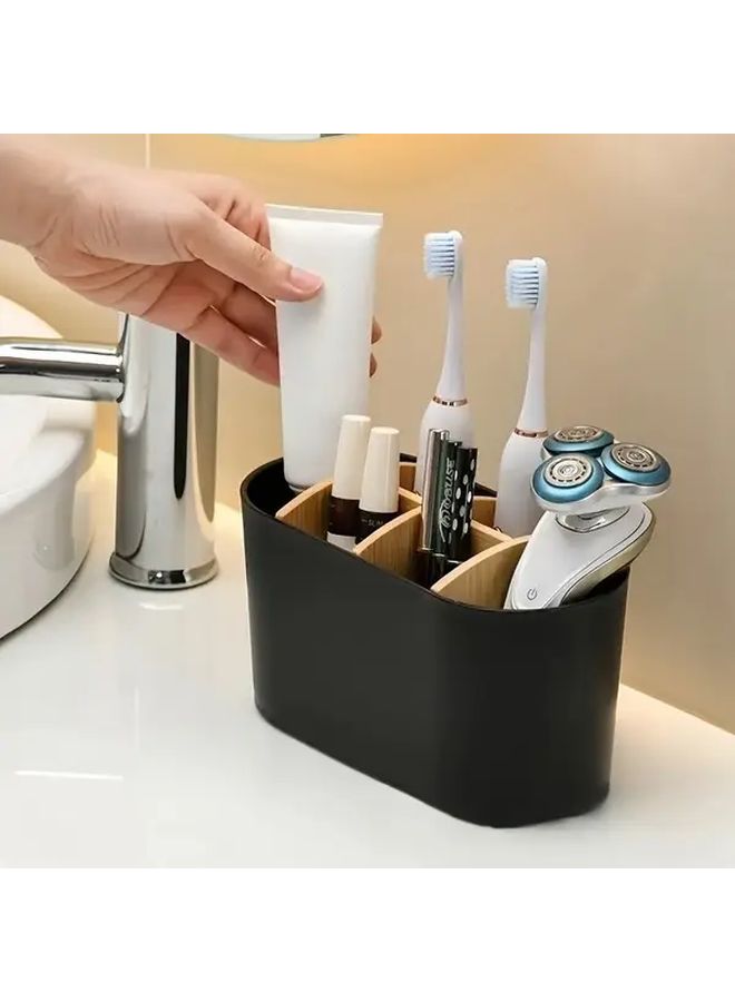 Black Plastic Toothbrush Holder with Partition Freestanding Organizer for Bathroom and Desktop Storage - Image 1