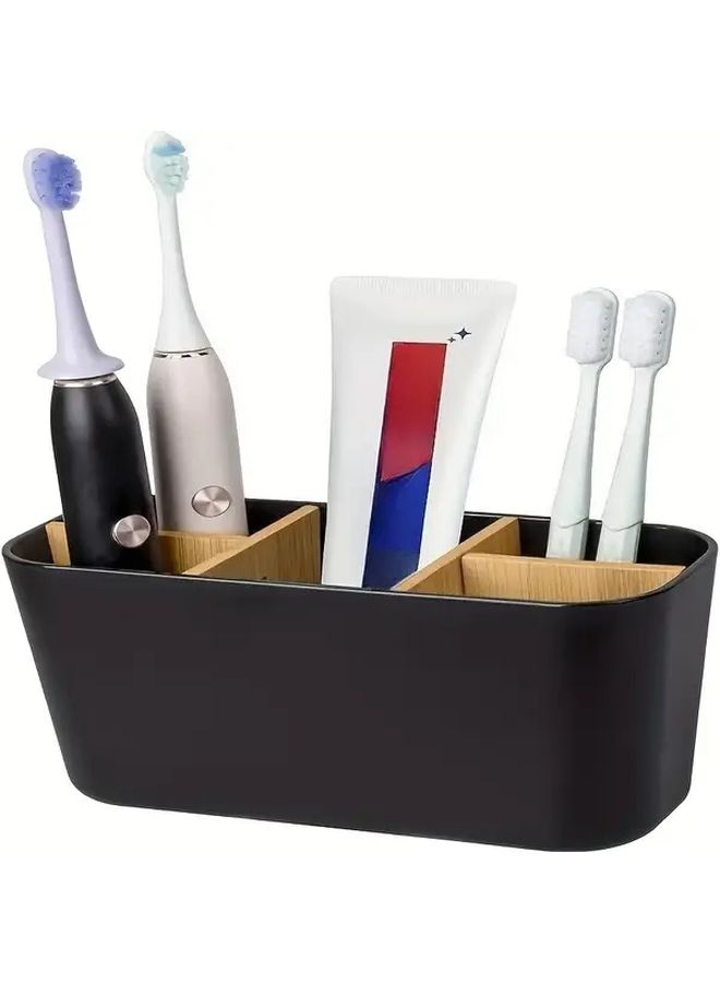 Black Plastic Toothbrush Holder with Partition Freestanding Organizer for Bathroom and Desktop Storage - Image 3