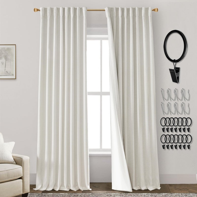 102 Inch Long Curtains 2 Panel SetPleated Linen Black Out Back Tab Darkening Thermal Insulated Blackout Extra Long Curtains Drapes for Living Roomwith Hooks Rings52x102 in LengthCream Ivory