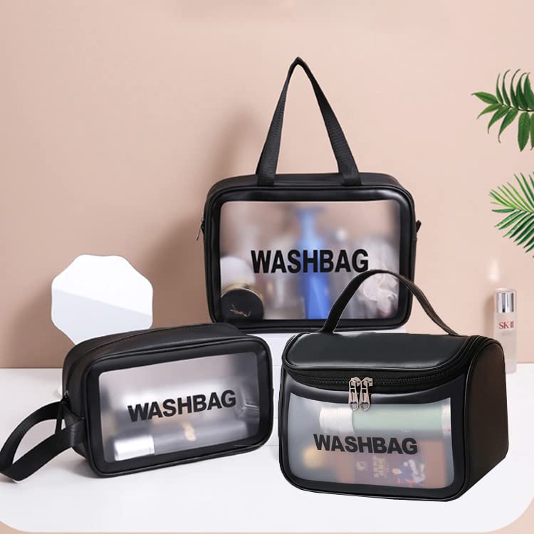 VALAMJI Multipurpose Clear PVC Zipper Cosmetic Travel Wash Bag Toiletry Makeup Brushes Accessories Organizer Portable Carry Bag Pouch for Women Girls Pack of 3 Black - Image 2