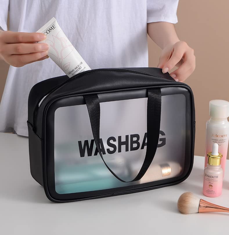 VALAMJI Multipurpose Clear PVC Zipper Cosmetic Travel Wash Bag Toiletry Makeup Brushes Accessories Organizer Portable Carry Bag Pouch for Women Girls Pack of 3 Black - Image 3