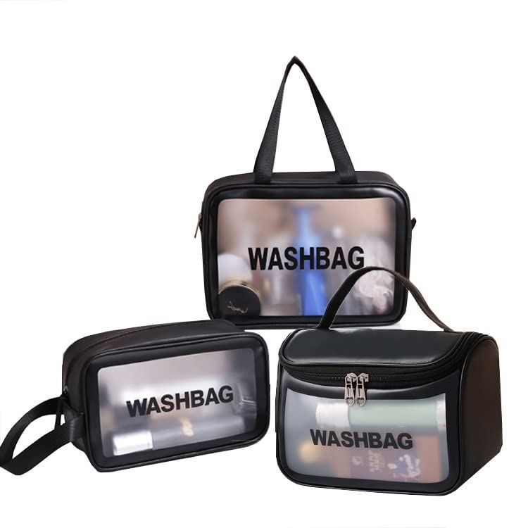 VALAMJI Multipurpose Clear PVC Zipper Cosmetic Travel Wash Bag Toiletry Makeup Brushes Accessories Organizer Portable Carry Bag Pouch for Women Girls Pack of 3 Black - Image 1