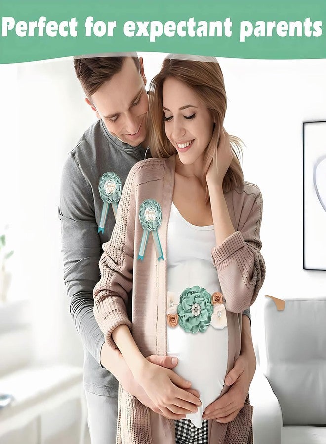 Baby Shower Sash for Mommy & Daddy Corsage Pins, Pink Flower Mom to Be Belly Sash Belt Baby Shower (Green) - Image 5