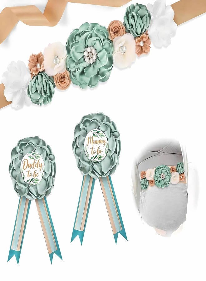 Baby Shower Sash for Mommy & Daddy Corsage Pins, Pink Flower Mom to Be Belly Sash Belt Baby Shower (Green) - Image 1