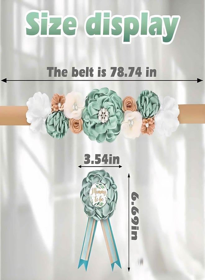 Baby Shower Sash for Mommy & Daddy Corsage Pins, Pink Flower Mom to Be Belly Sash Belt Baby Shower (Green) - Image 2