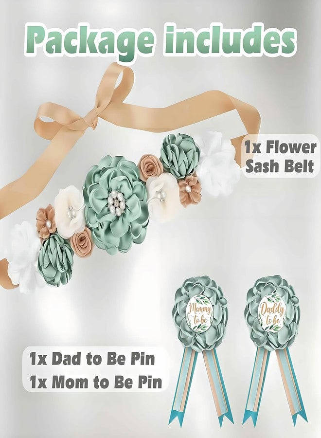 Baby Shower Sash for Mommy & Daddy Corsage Pins, Pink Flower Mom to Be Belly Sash Belt Baby Shower (Green) - Image 3