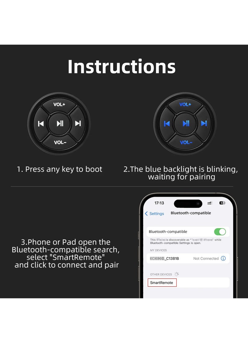 AROAQ - Bluetooth Media Button Wireless Controller, Convenient Motorcycle Bike Steering Wheel Music Player, Durable Portable MP3 Player Remote Controller Button For IOS Android Tablet, (1pc, Black) - Image 1