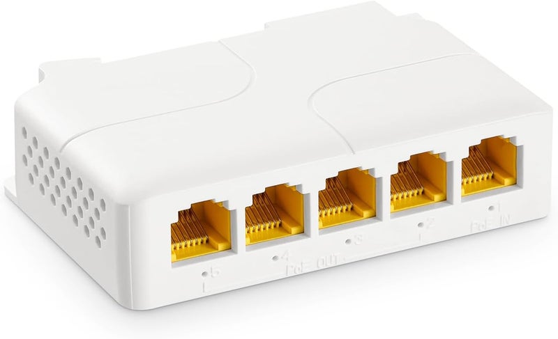 5 منافذ مكرر PoE جيجابت مع 1 PoE مدخل و 4 PoE مخرج، مكرر PoE IEEE 802.3 af/at/bt بقوة 90 واط مع سرعة 10/100/1000 ميجابت في الثانية، مفتاح PoE تمريري للتركيب على الحائط وسكة دين - Image 1