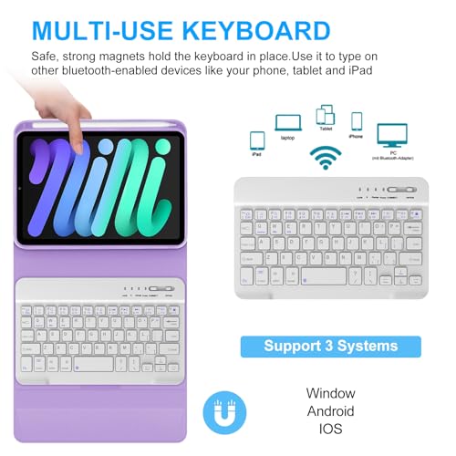 BORIYUAN iPad mini Keyboard Case, Detachable Wireless Bluetooth Keyboard Slim Folio Smart Cover for Apple iPad mini 5 2019/iPad Mini 1 2 3 4 - Purple - Image 2