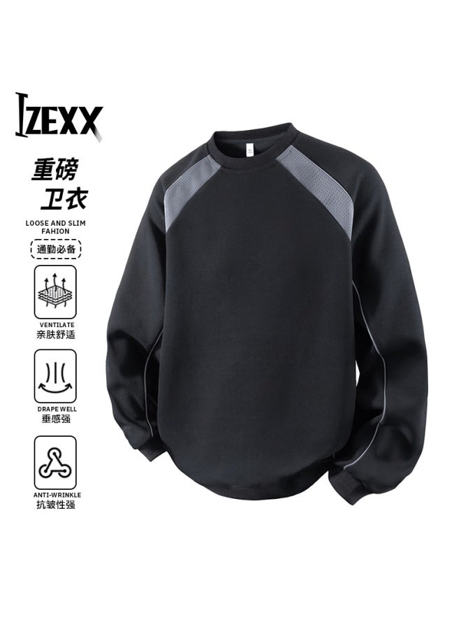 Izexx Crew Neck Colorblock Sweatshirt Men Spring American High Street Loose Fit Casual Couple Versatile Top Zhx89 Black M - Image 1