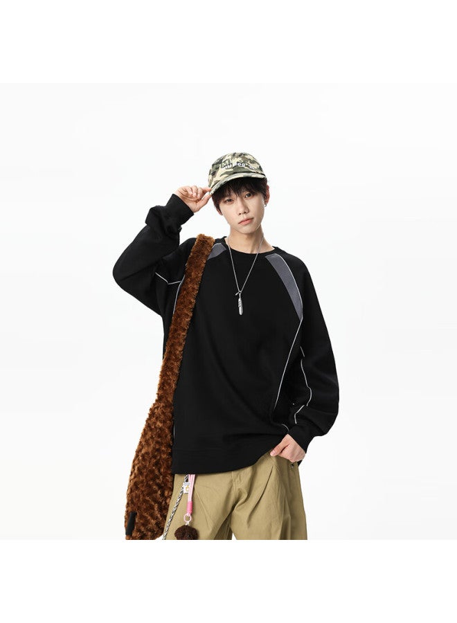 Izexx Crew Neck Colorblock Sweatshirt Men Spring American High Street Loose Fit Casual Couple Versatile Top Zhx89 Black M - Image 3