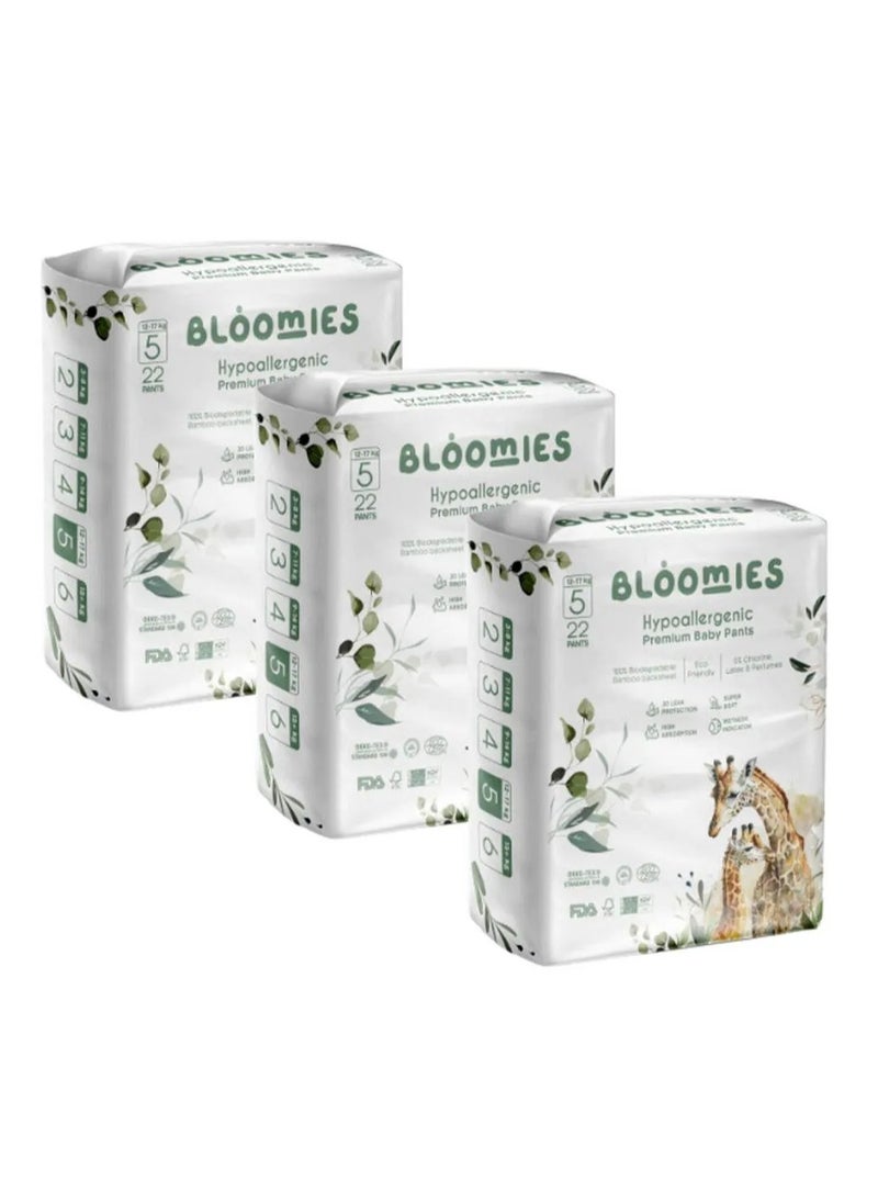 Bloomies Bloomies Premium Pant Style Baby Diapers, Hypoallergenic, 3D Leak Protection, Wetness Indicator, Super Soft, Size 5, 12 to 17kg - 66 Pieces 