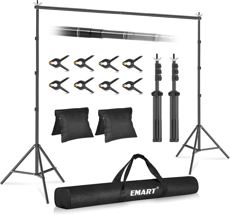 EMART Backdrop Stand 10x10ft(WxH) Photo Studio Adjustable Background Stand Support kit with 2 Crossbars, 8 Clamps, 2 Sandbags and Carry Bag for Parties, Events Decoration, Wedding, Photography - Image 1