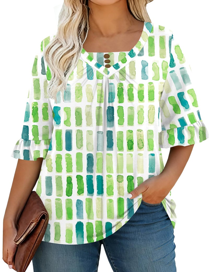TFSDOD Plus Size Summer Clothes for Women 3/4 Ruffle Sleeve T-Shirts Loose Fit V Neck Pleated Outfits White Green Stripe 3XL - Image 2