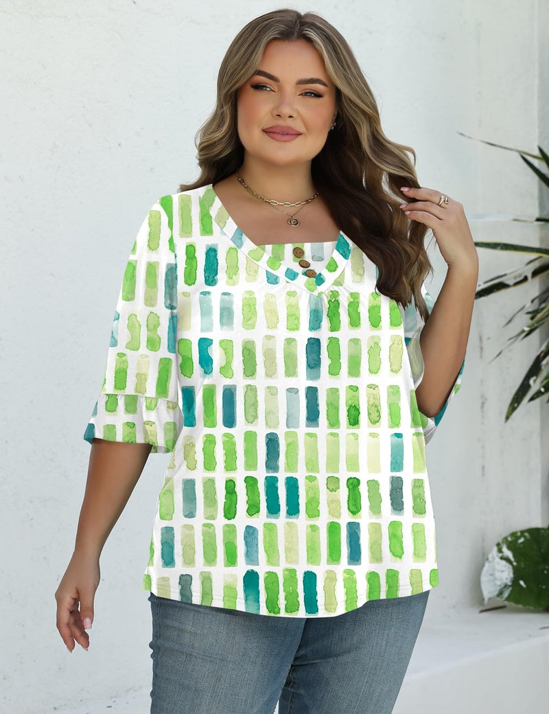 TFSDOD Plus Size Summer Clothes for Women 3/4 Ruffle Sleeve T-Shirts Loose Fit V Neck Pleated Outfits White Green Stripe 3XL - Image 3