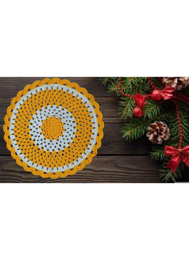 RR RITIKA Craft® Crochet Handmade Table Mat (14.5 inch) White &Yellow  - Image 2
